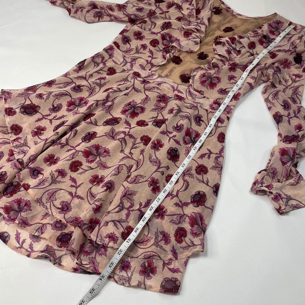 For Love and Lemons Floral Mesh Ruffle Agnes Mini Dress Pink Burgundy Sleeve L - Picture 11 of 16